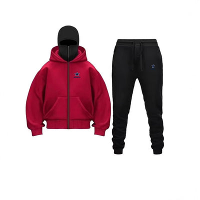 Unique Design Double Hooded Zip-Up Sweatshirt Set for Men and Women in red and black.