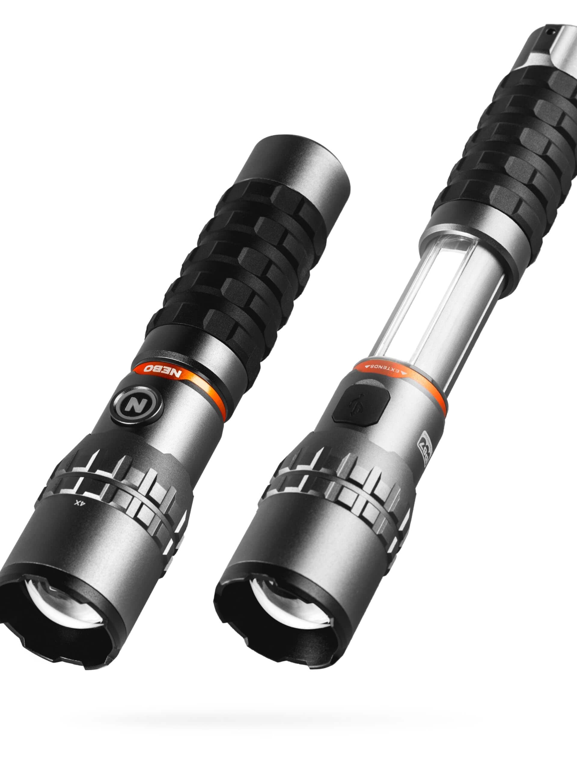 NEBO Slyde King rechargeable flashlight with adjustable zoom and magnetic base, showcasing LED work light features.