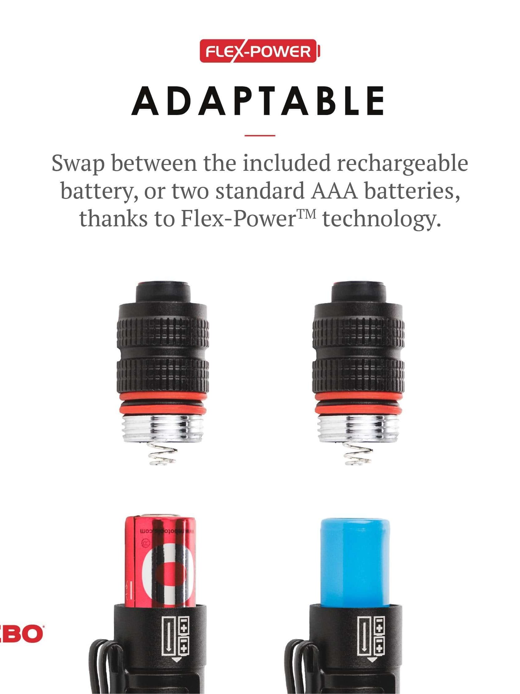 NEBO Rechargeable Pen Light Flex Power technology showing interchangeable rechargeable and AAA battery options.