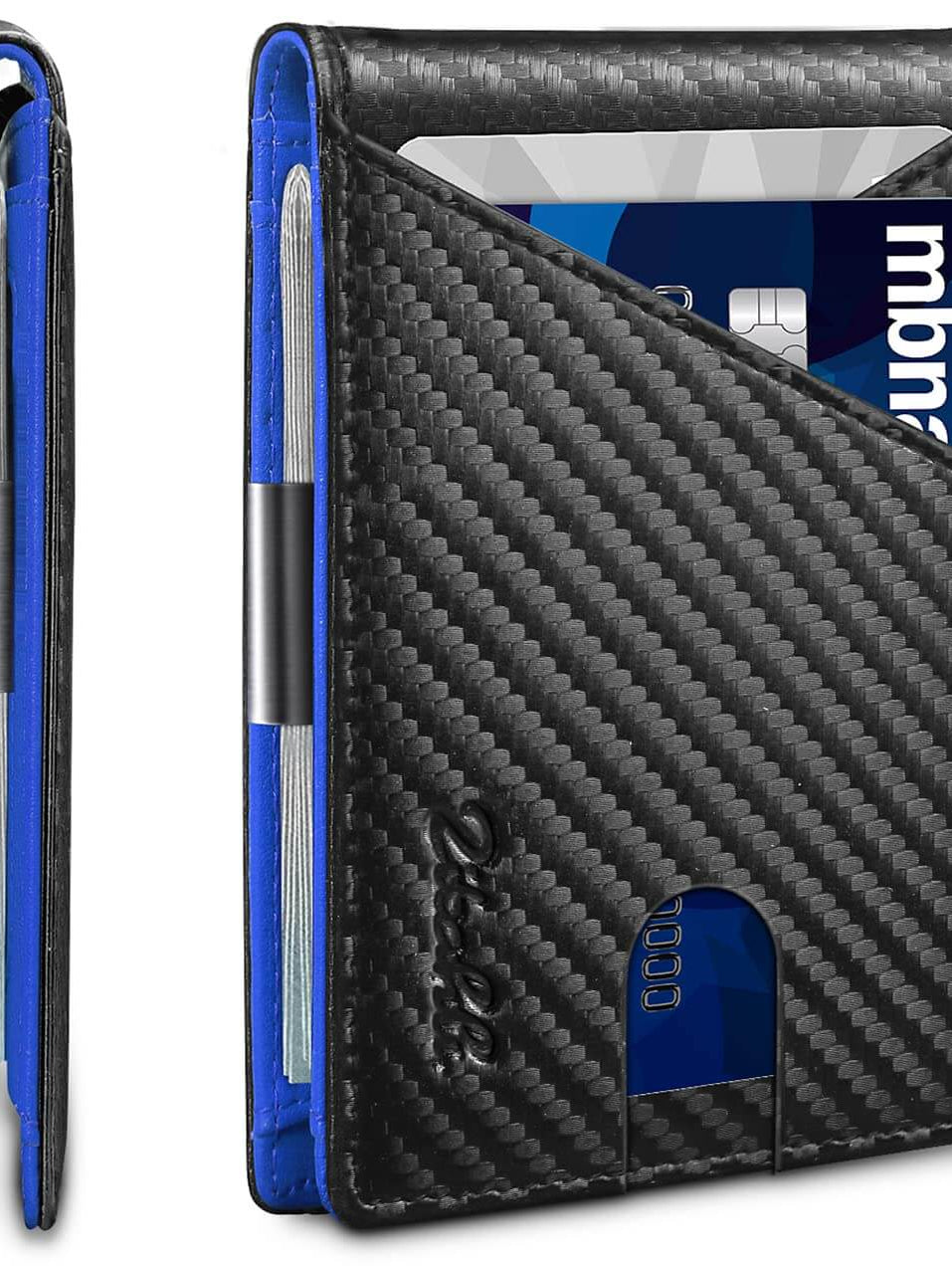 Zitahli carbon black and blue minimalist wallet with credit card slots and money clip, featuring RFID blocking technology.