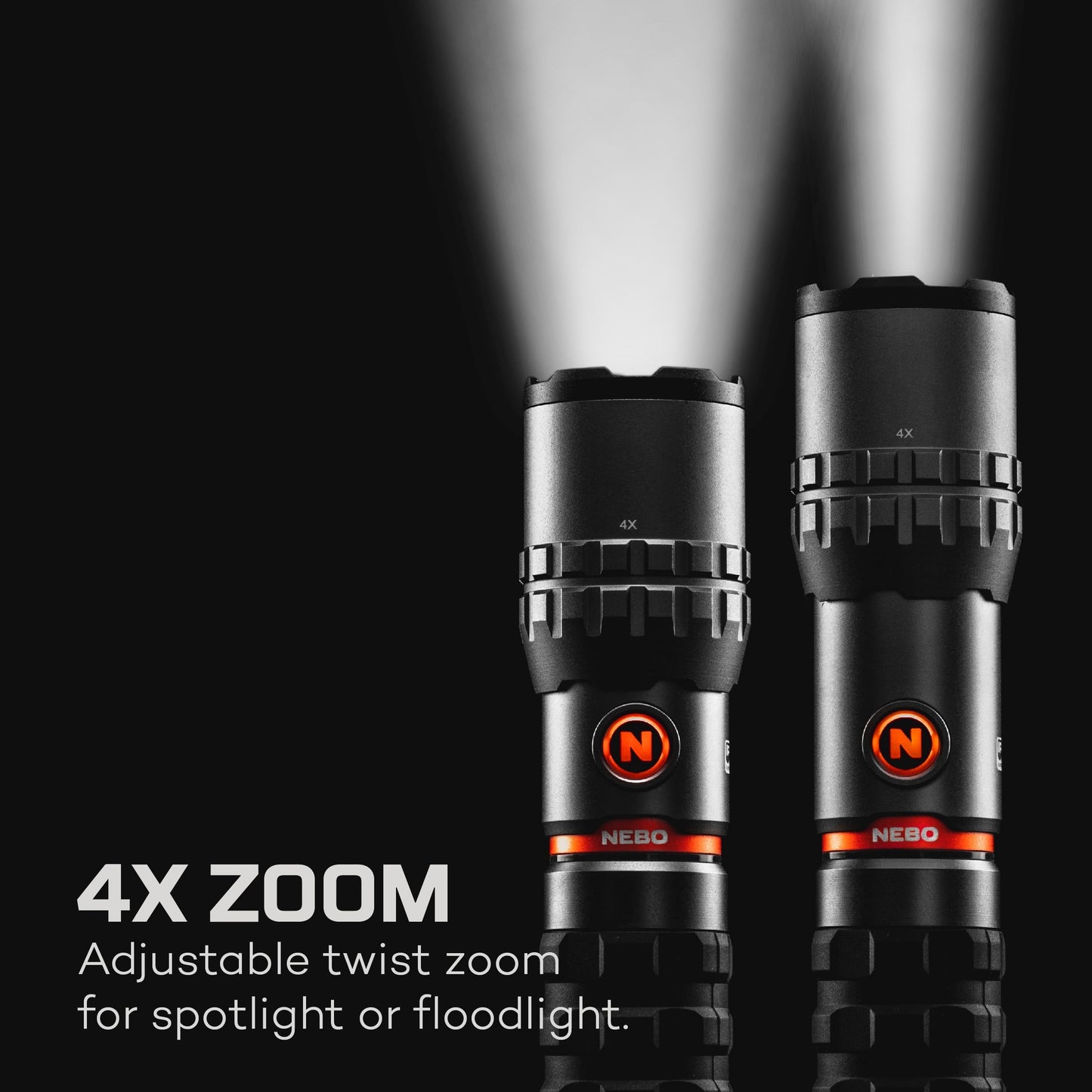 NEBO flashlight with 4x adjustable zoom for spotlight or floodlight use, showcasing versatility in lighting options.