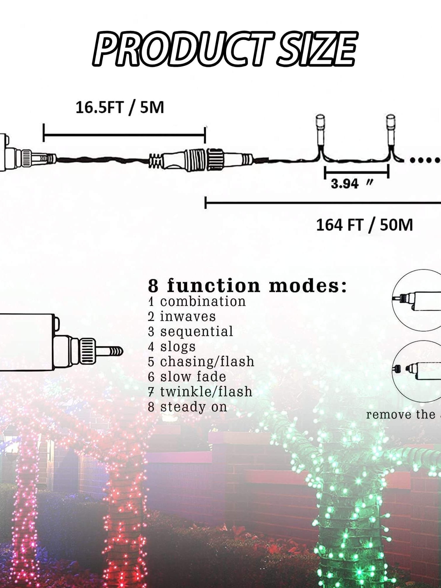 Diagram showing dimensions and 8 function modes of FUNPENY 164FT LED Christmas string lights on green wire.