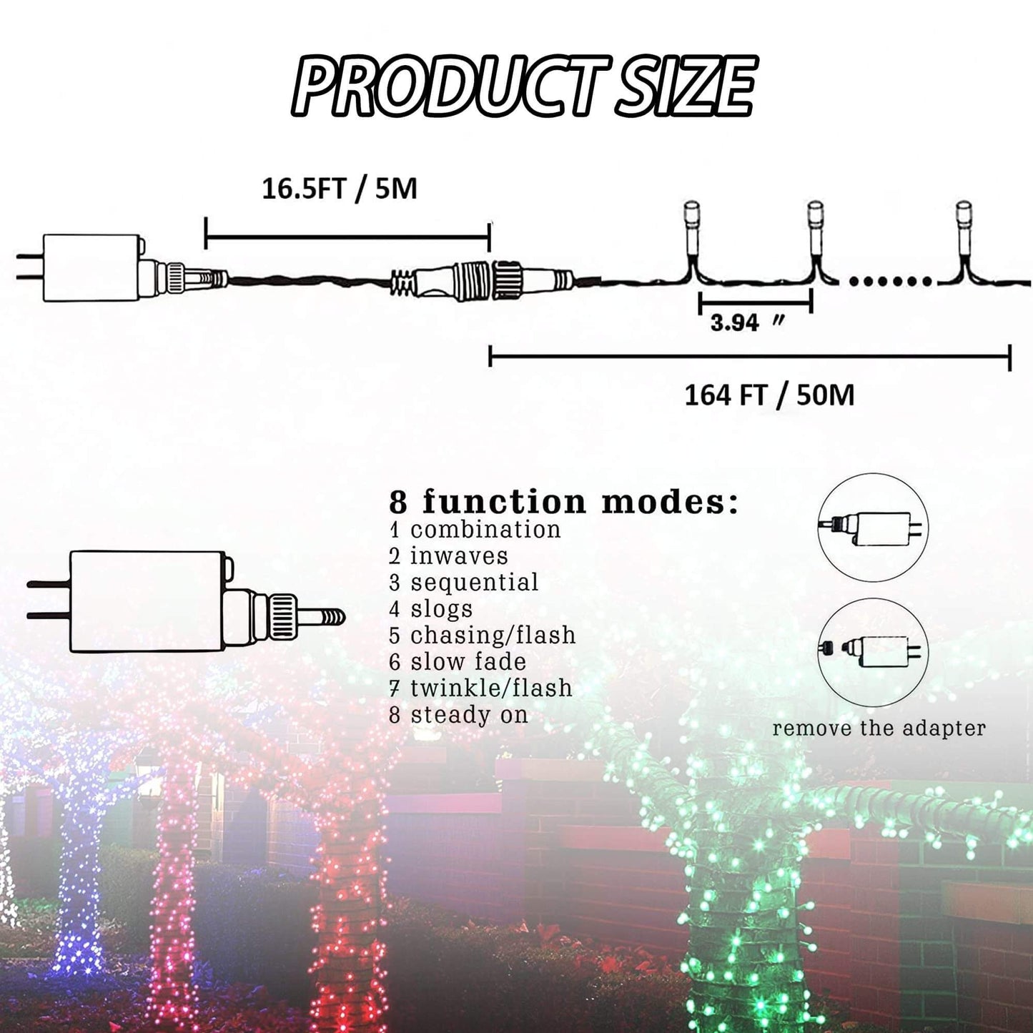 Diagram showing dimensions and 8 function modes of FUNPENY 164FT LED Christmas string lights on green wire.