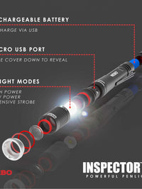 NEBO Inspector RC rechargeable penlight features, showcasing USB charging, three light modes, and design details.
