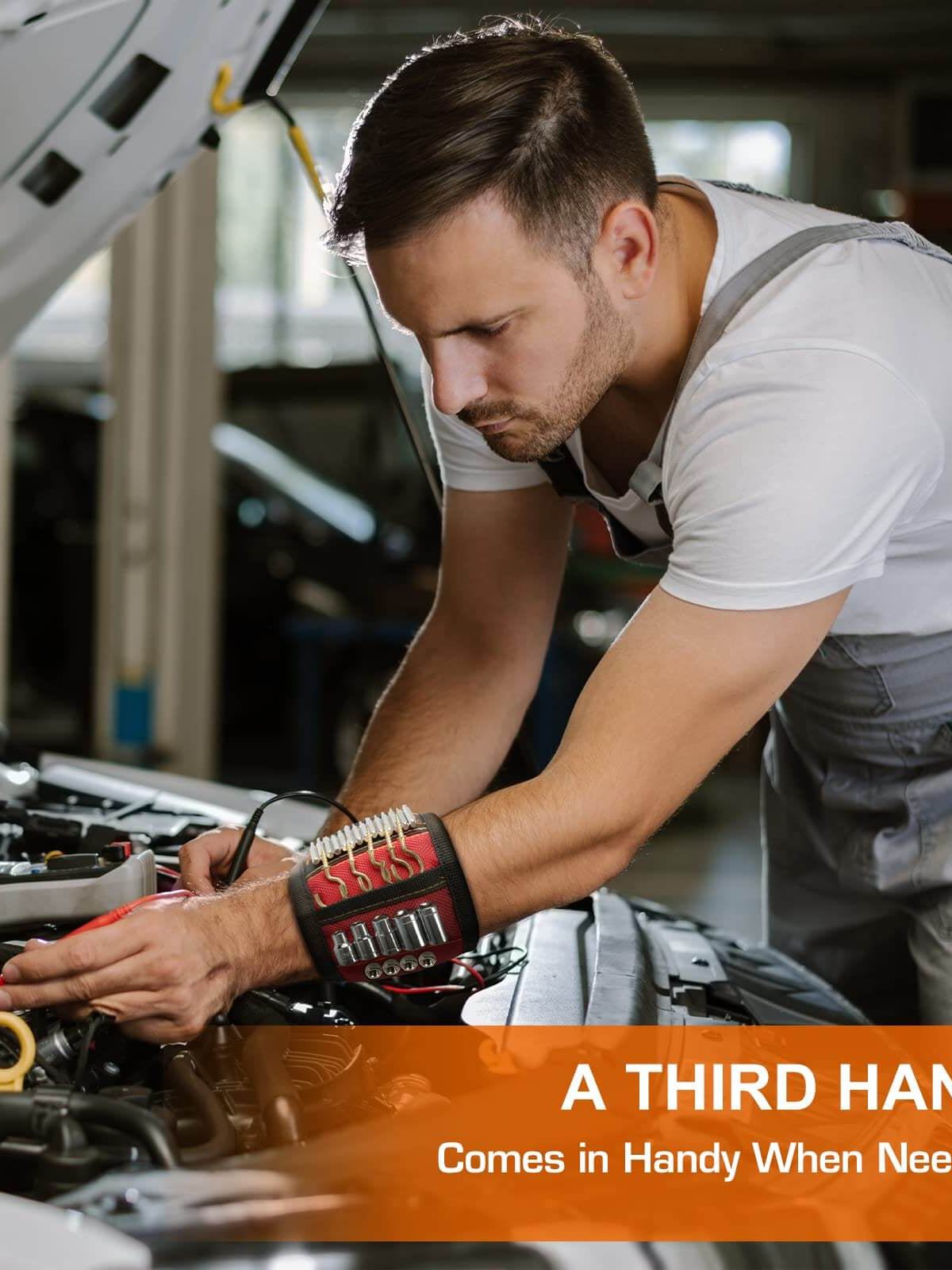 Man using magnetic wristband while working on a car engine, showcasing practical tool for holding screws and nails.