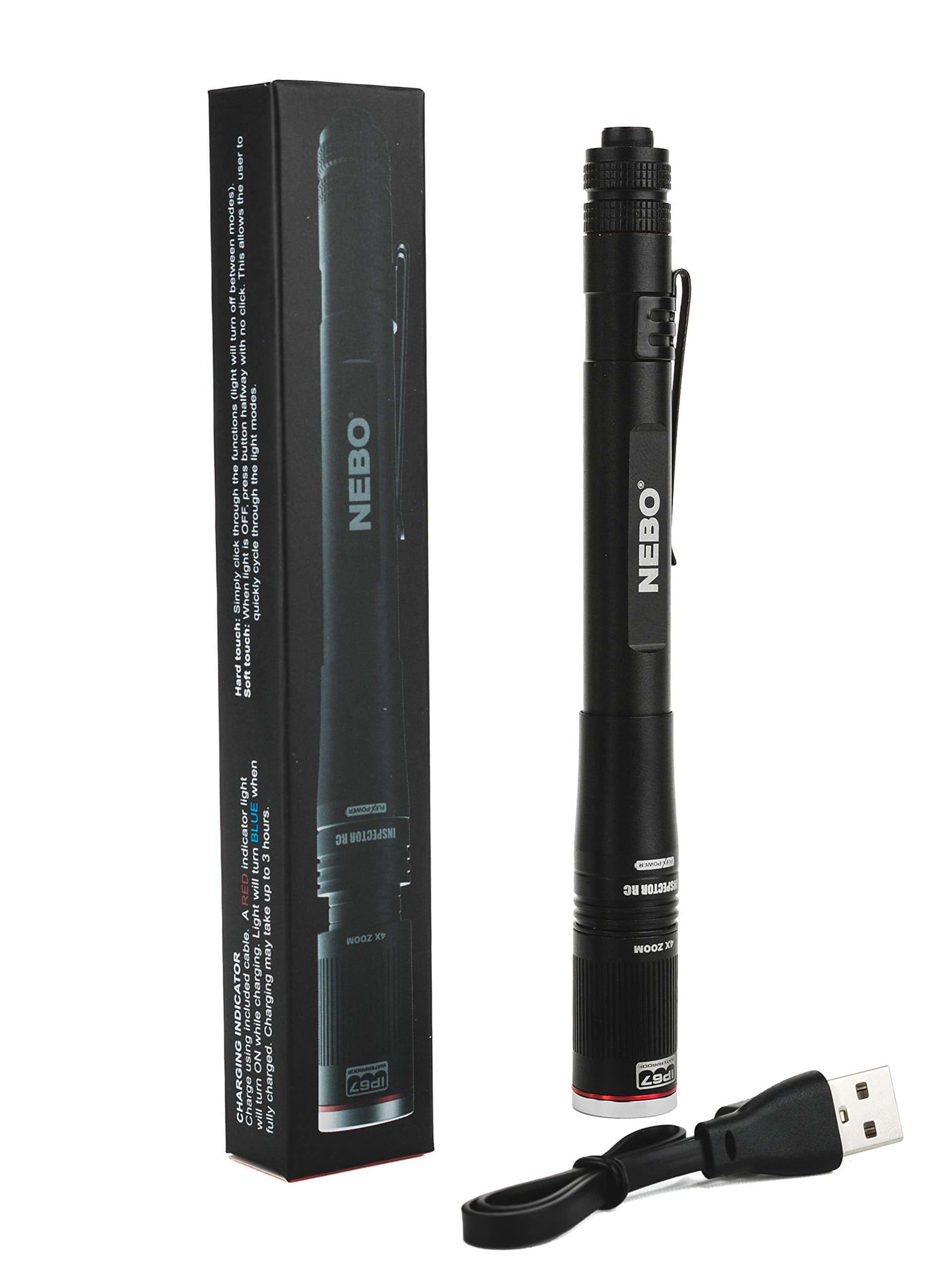 NEBO rechargeable pen light flashlight with flexible power options, USB charger, and packaging shown.