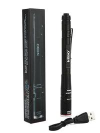 NEBO rechargeable pen light flashlight with flexible power options, USB charger, and packaging shown.