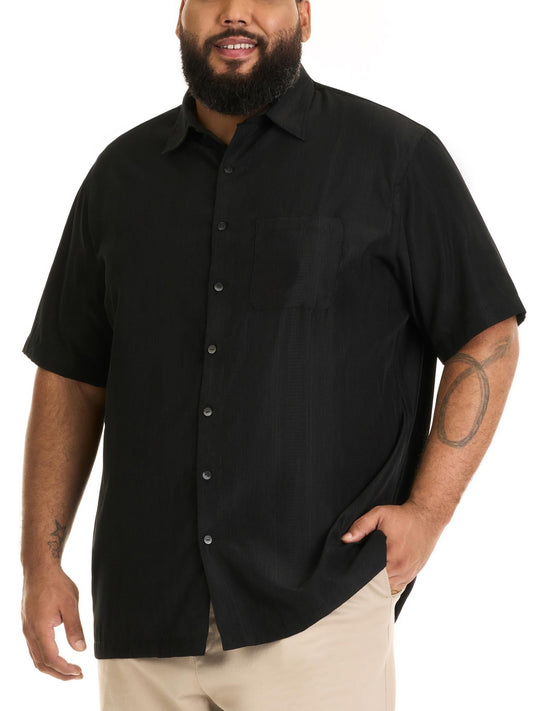 Van Heusen Men's Size Big Air Short Sleeve Button Down Poly Rayon Stripe Shirt, Black