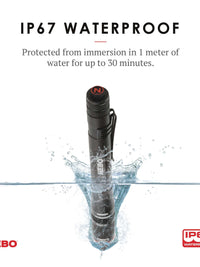 NEBO rechargeable pen light flashlight demonstrating IP67 waterproof rating, submerged in water for durability testing.