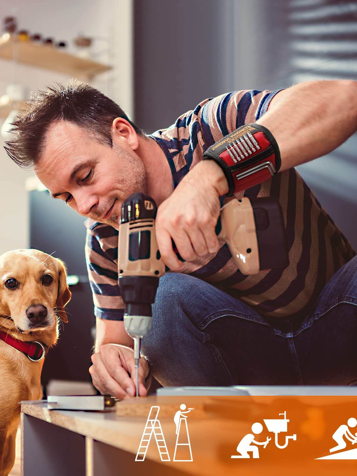 Man using a power drill while wearing a magnetic wristband near a dog, showcasing home improvement and DIY projects.