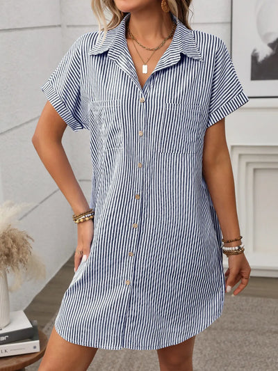 Striped Button Down Short Sleeve Mini Dress featuring a buttoned design and pocket in a stylish blue and white striped pattern.