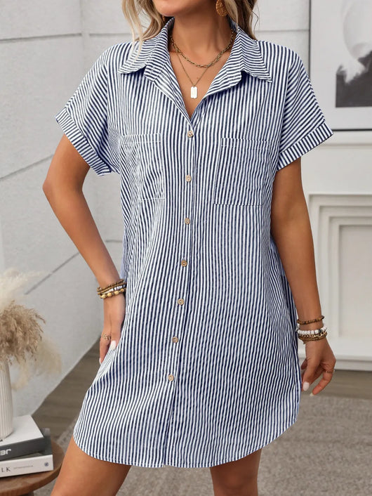 Striped Button Down Short Sleeve Mini Dress featuring a buttoned design and pocket in a stylish blue and white striped pattern.