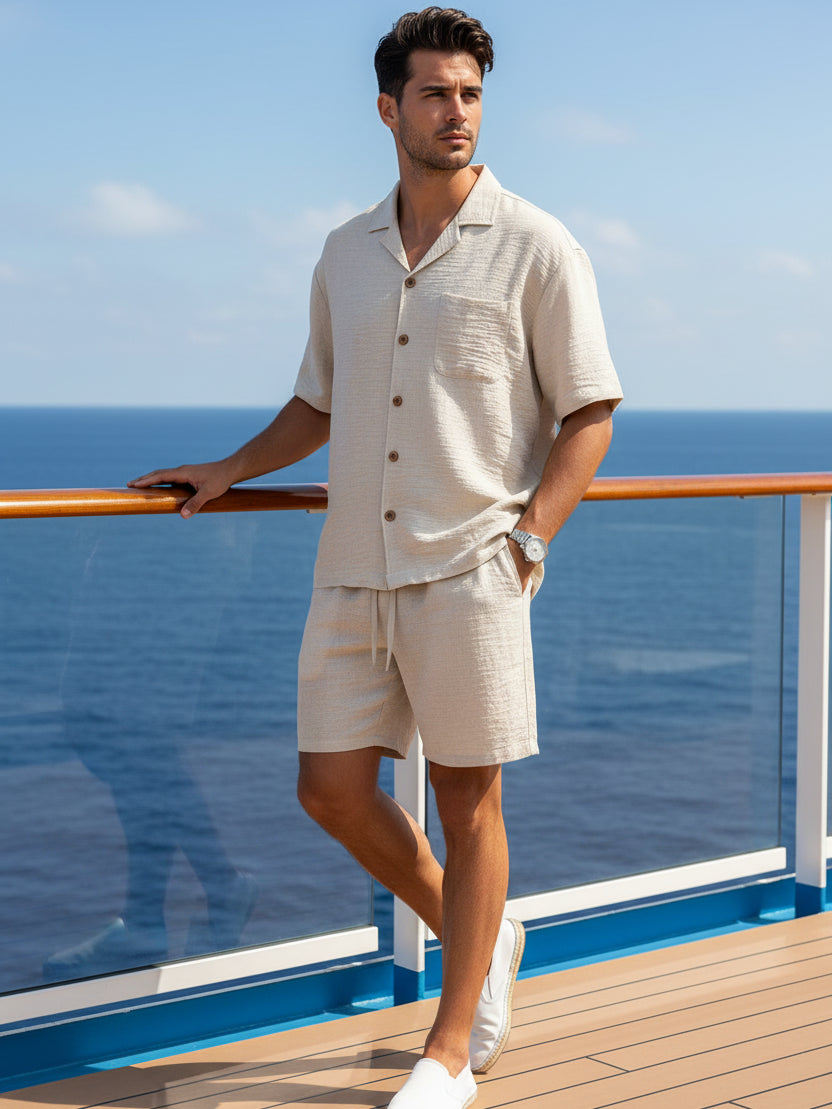 Men's short-sleeve button-up shirt and drawstring shorts set