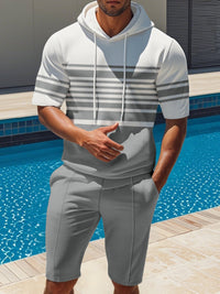 Men's striped short-sleeve hoodie and shorts set