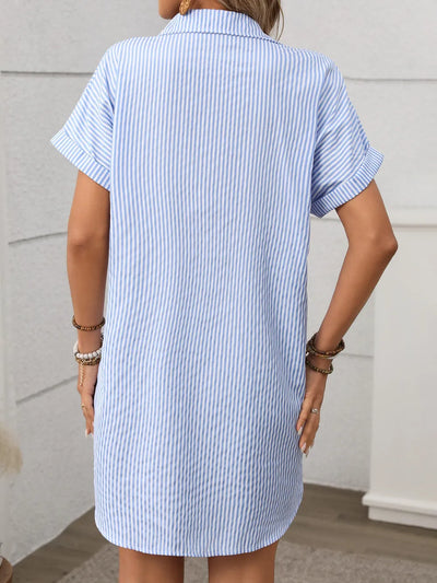 Striped Button Down Short Sleeve Mini Dress showcasing the back view with blue and white stripes.