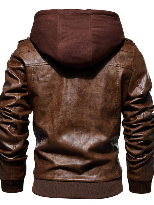 Men's Plus Size Zip Up Drawstring Hooded Jacket in brown leather with a hood, showing the back view.