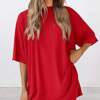 Full Size Oversized Slit Round Neck Top and Shorts Lounge Set Plus Size in vibrant red color, showcasing relaxed fit.
