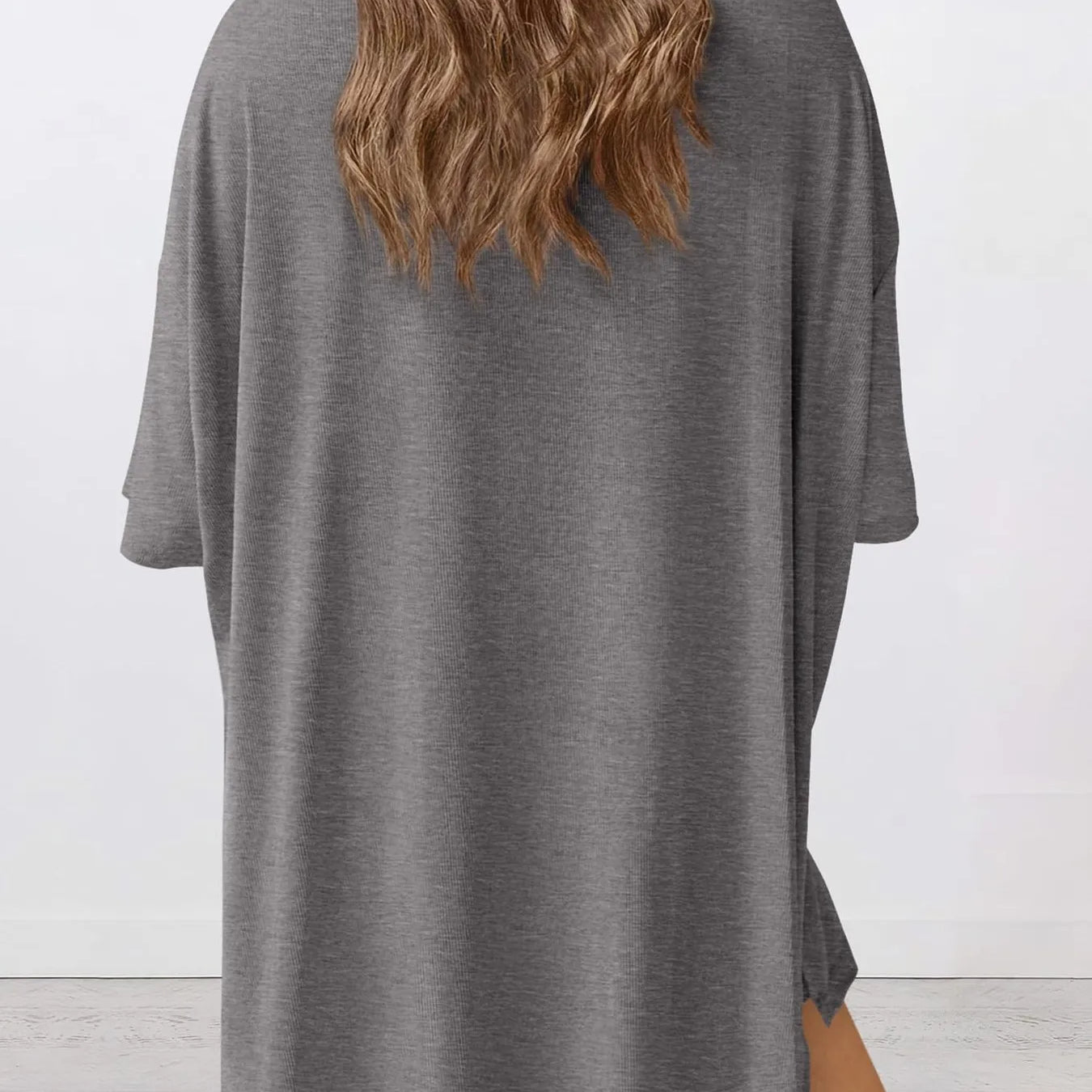 Full Size Oversized Slit Round Neck Top and Shorts Lounge Set Plus Size in gray with oversized fit.