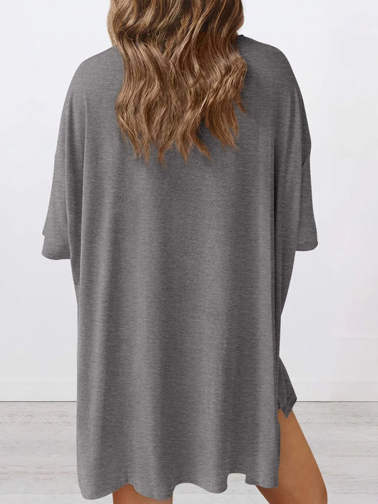 Full Size Oversized Slit Round Neck Top and Shorts Lounge Set Plus Size in gray with oversized fit.