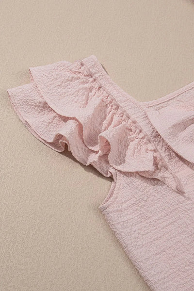 Textured Bow Knot Frilled Butterfly Sleeve Blouse featuring ruffled frill design in soft pink fabric.