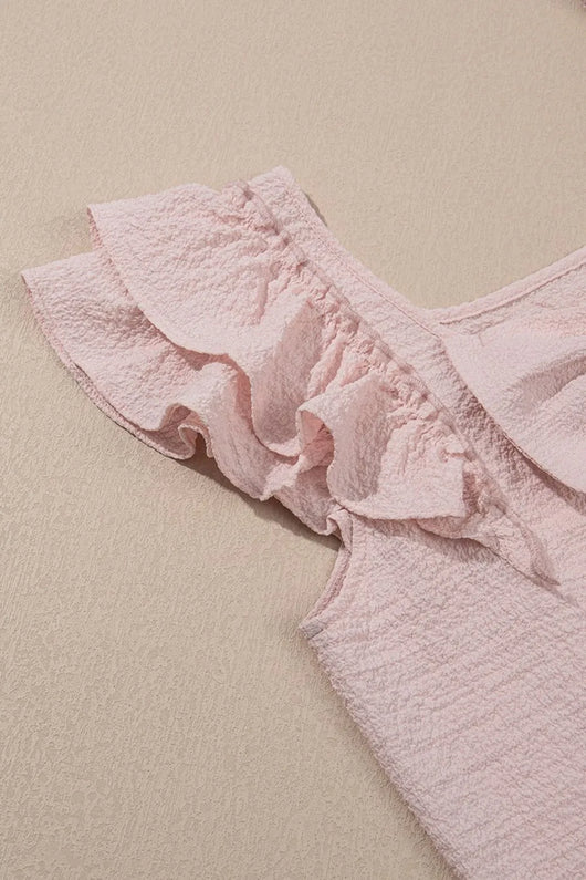 Textured Bow Knot Frilled Butterfly Sleeve Blouse featuring ruffled frill design in soft pink fabric.