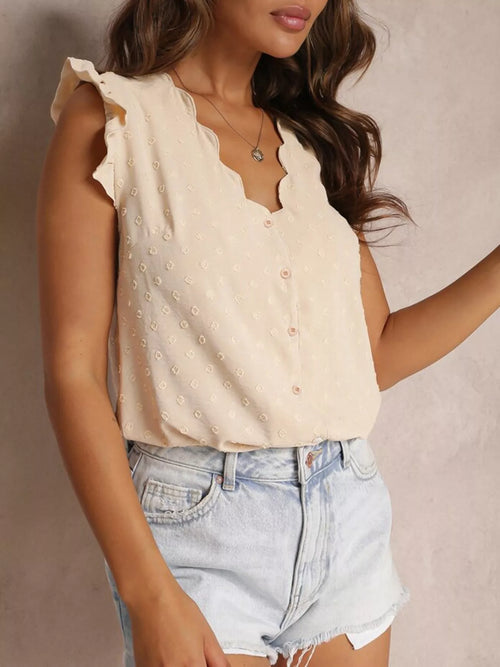 Swiss Dot Ruffled Button-Down Shirt