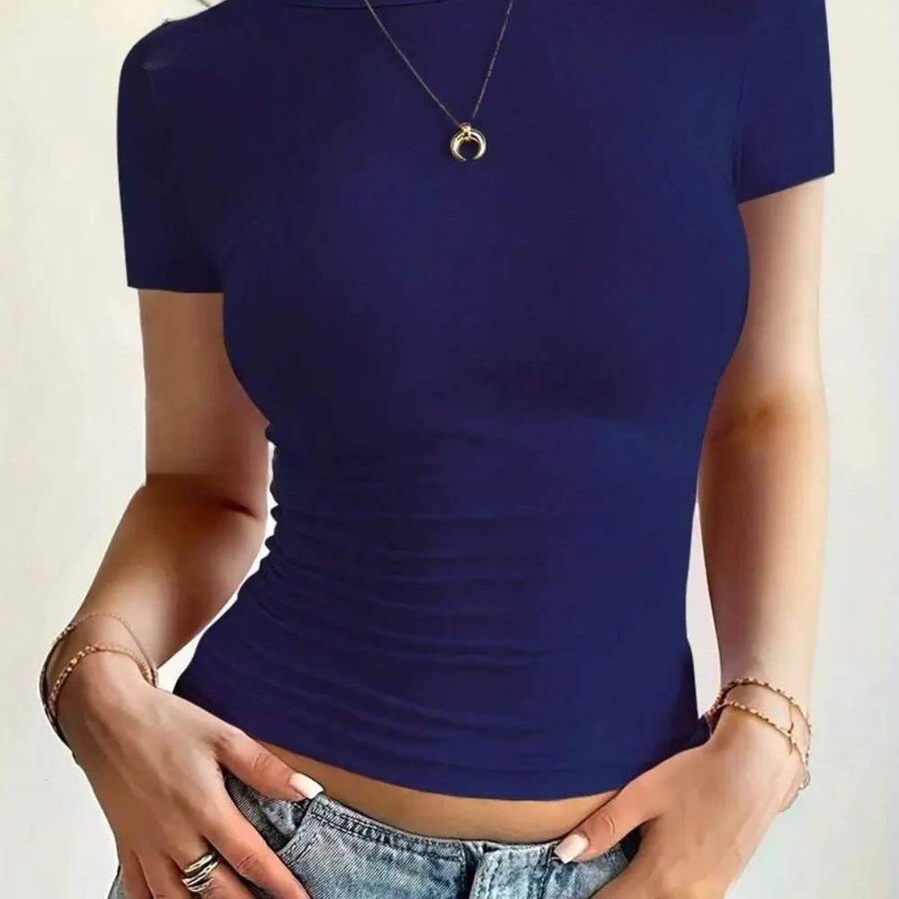 Round Neck Short Sleeve T-Shirt in navy blue, featuring a fitted design and moderate stretch.