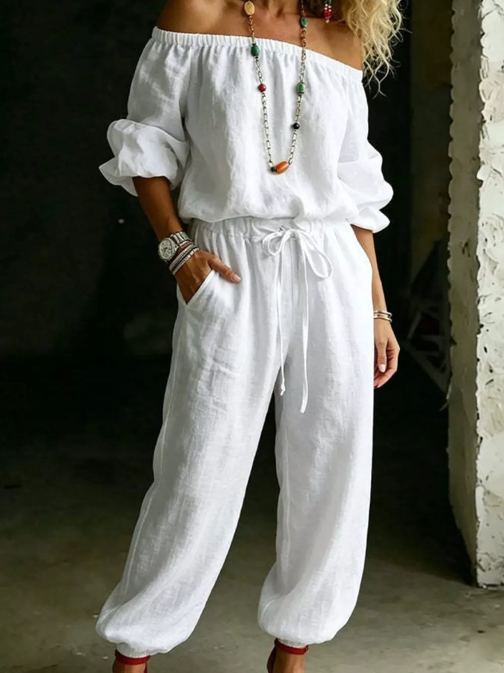 The Nova Off-Shoulder Set – off-shoulder top and drawstring pants in cotton blend