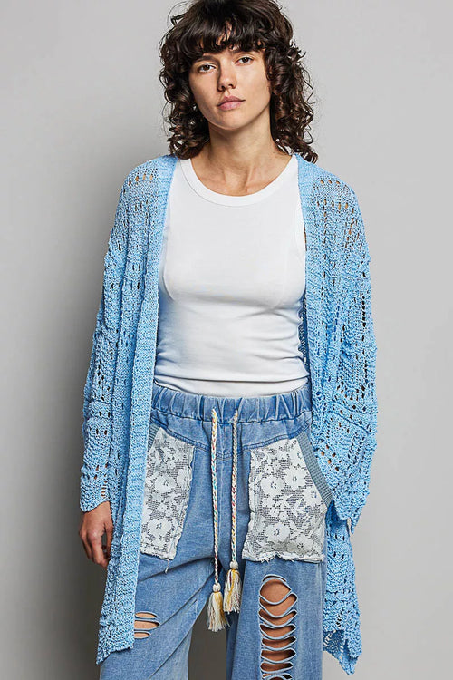POL Openwork Lightweight Open Front Cardigan with Scalloped Edge