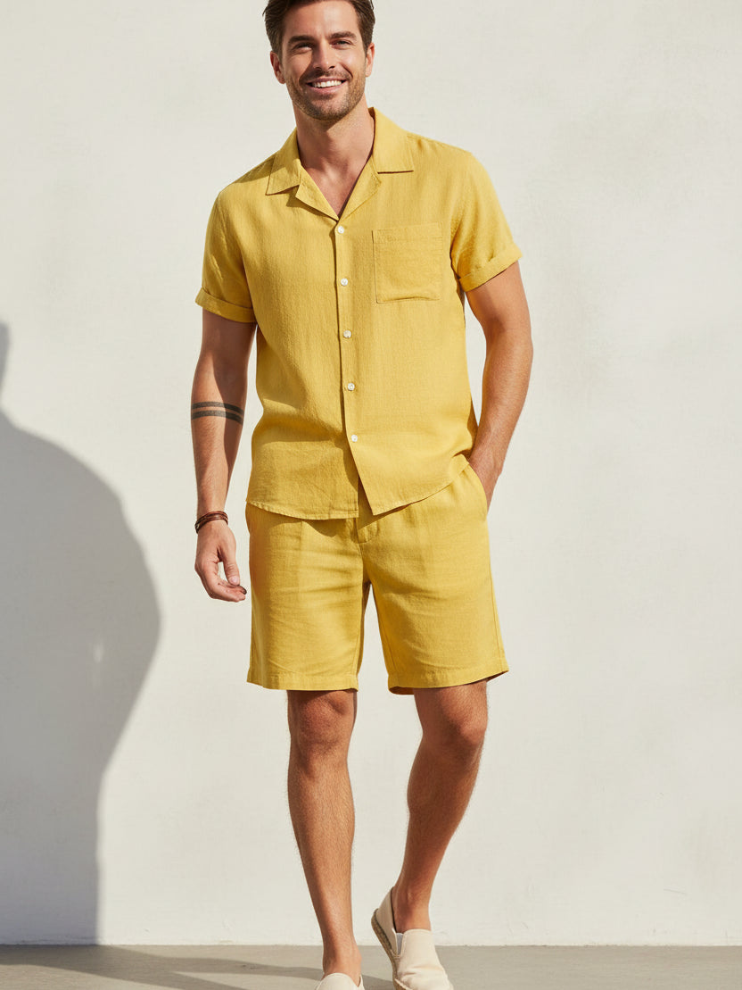 Men's cotton short-sleeve button-up shirt and shorts set