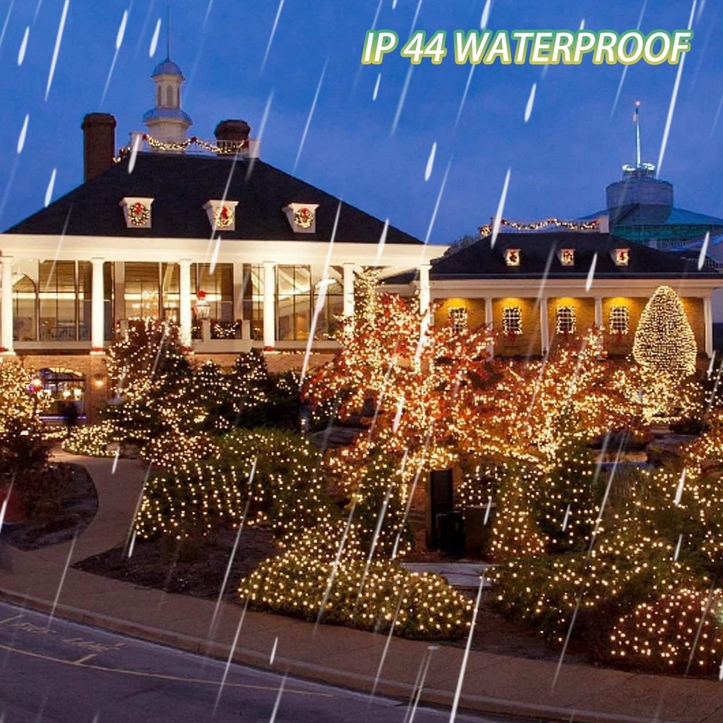 Beautifully illuminated building with waterproof LED string lights during rain, creating a festive atmosphere.