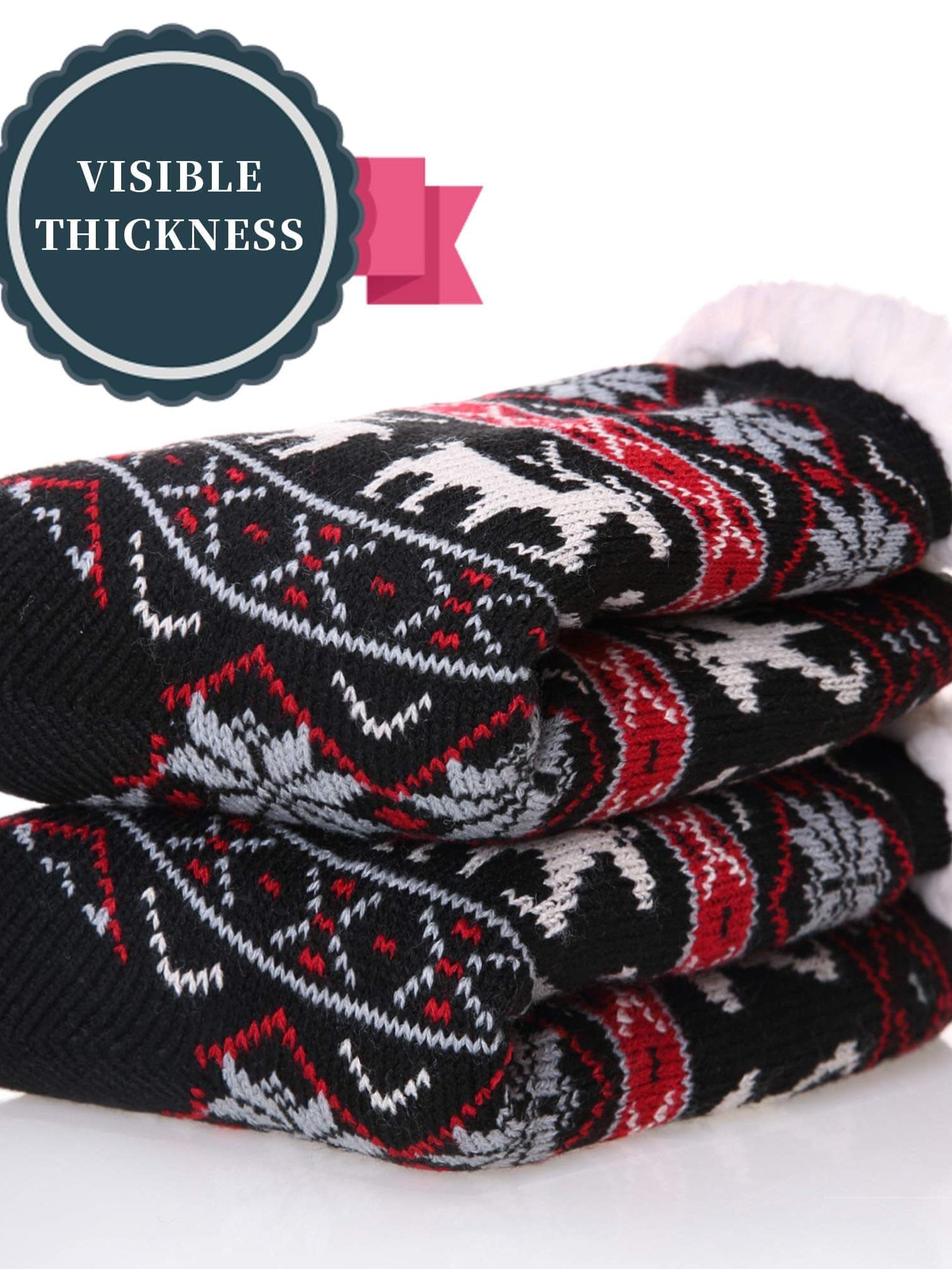 Cozy black winter slipper socks with festive design, showcasing visible thickness and soft fleece lining for warmth.