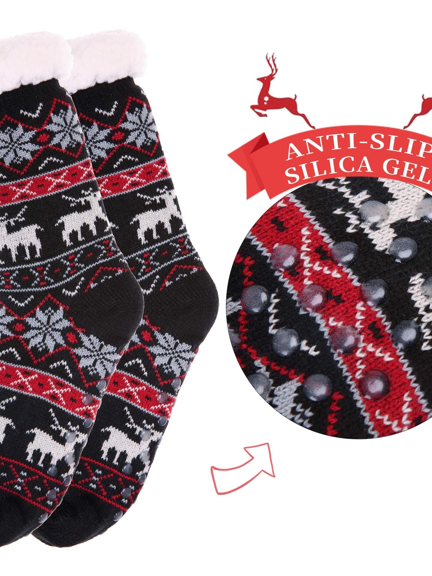 SDBING black slipper socks for women with grippers, featuring anti-slip silica gel and festive winter design.