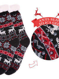 SDBING black slipper socks for women with grippers, featuring anti-slip silica gel and festive winter design.