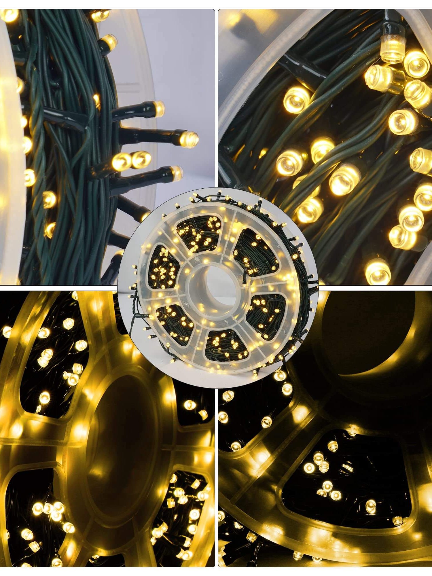 Close-up of FUNPENY warm white LED string lights on green wire, showcasing the bulb details and coil for indoor/outdoor decoration.