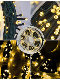 Close-up of FUNPENY warm white LED string lights on green wire, showcasing the bulb details and coil for indoor/outdoor decoration.
