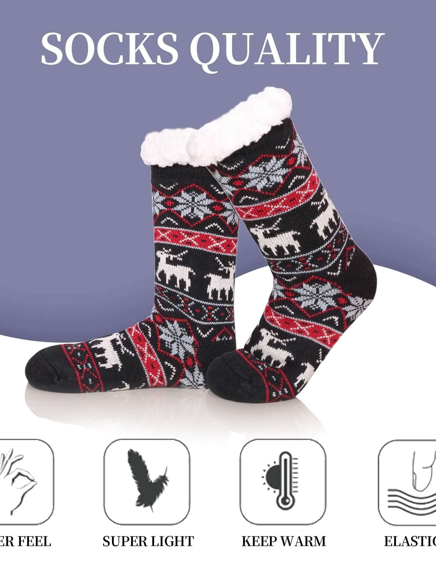 Black and red winter slipper socks with fuzzy lining, showcasing quality features like warmth and elasticity.