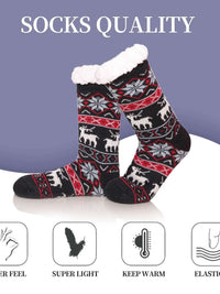 Black and red winter slipper socks with fuzzy lining, showcasing quality features like warmth and elasticity.