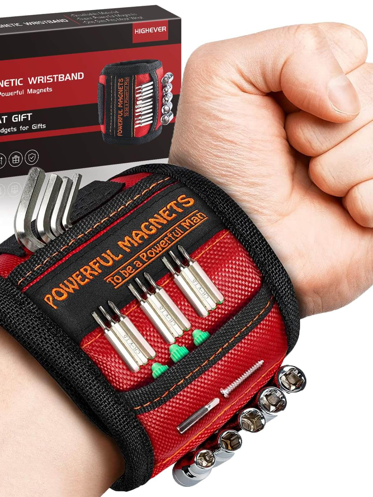 HIGHEVER magnetic wristband with powerful magnets, featuring a stylish design and tool storage for Christmas gifts and stocking stuffers.