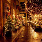 beautifully decorated street with Christmas trees and lights creating a festive atmosphere at night.