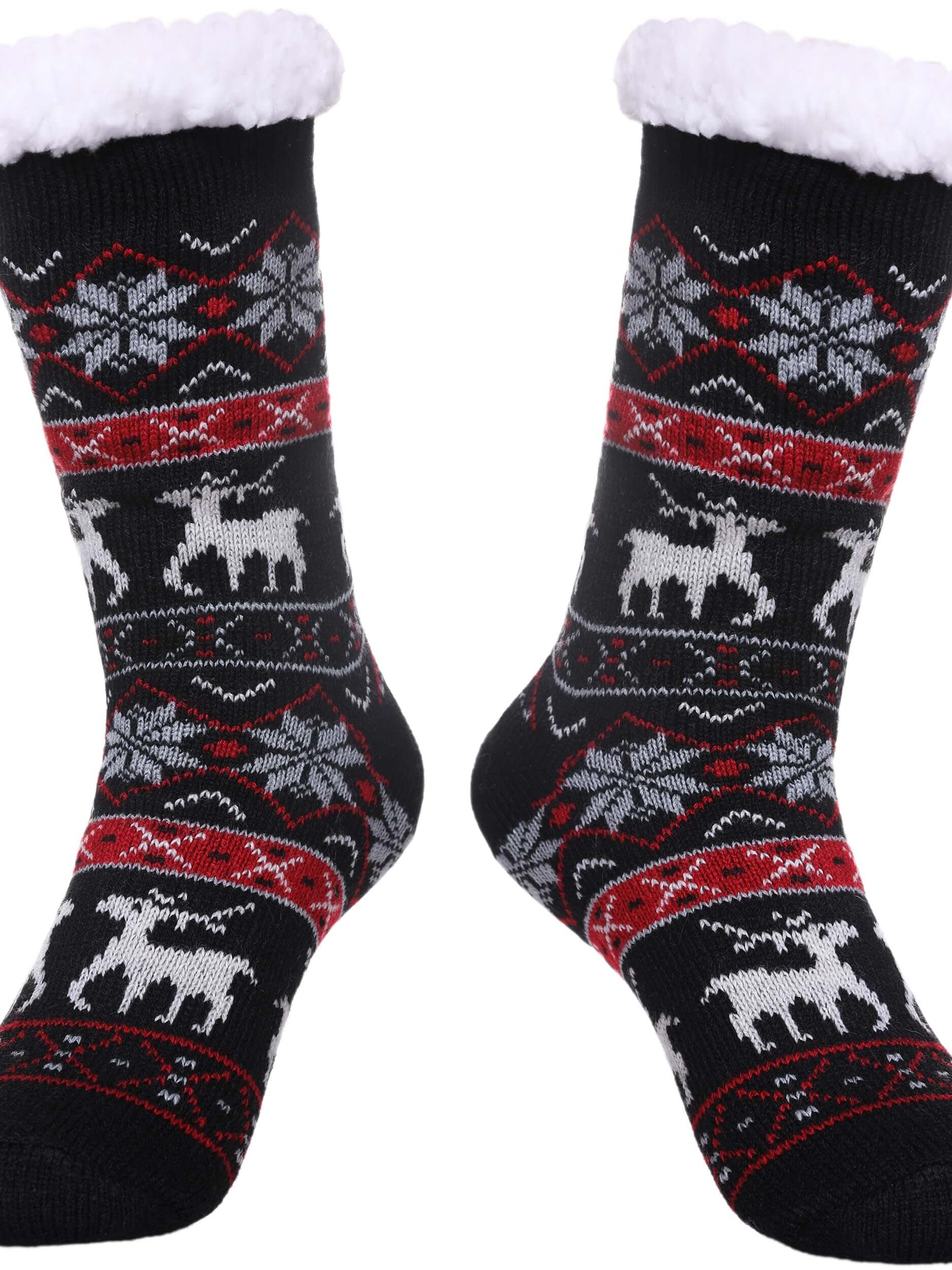 Cozy black winter slipper socks with festive moose pattern and fluffy white cuffs, perfect for warm indoor wear.