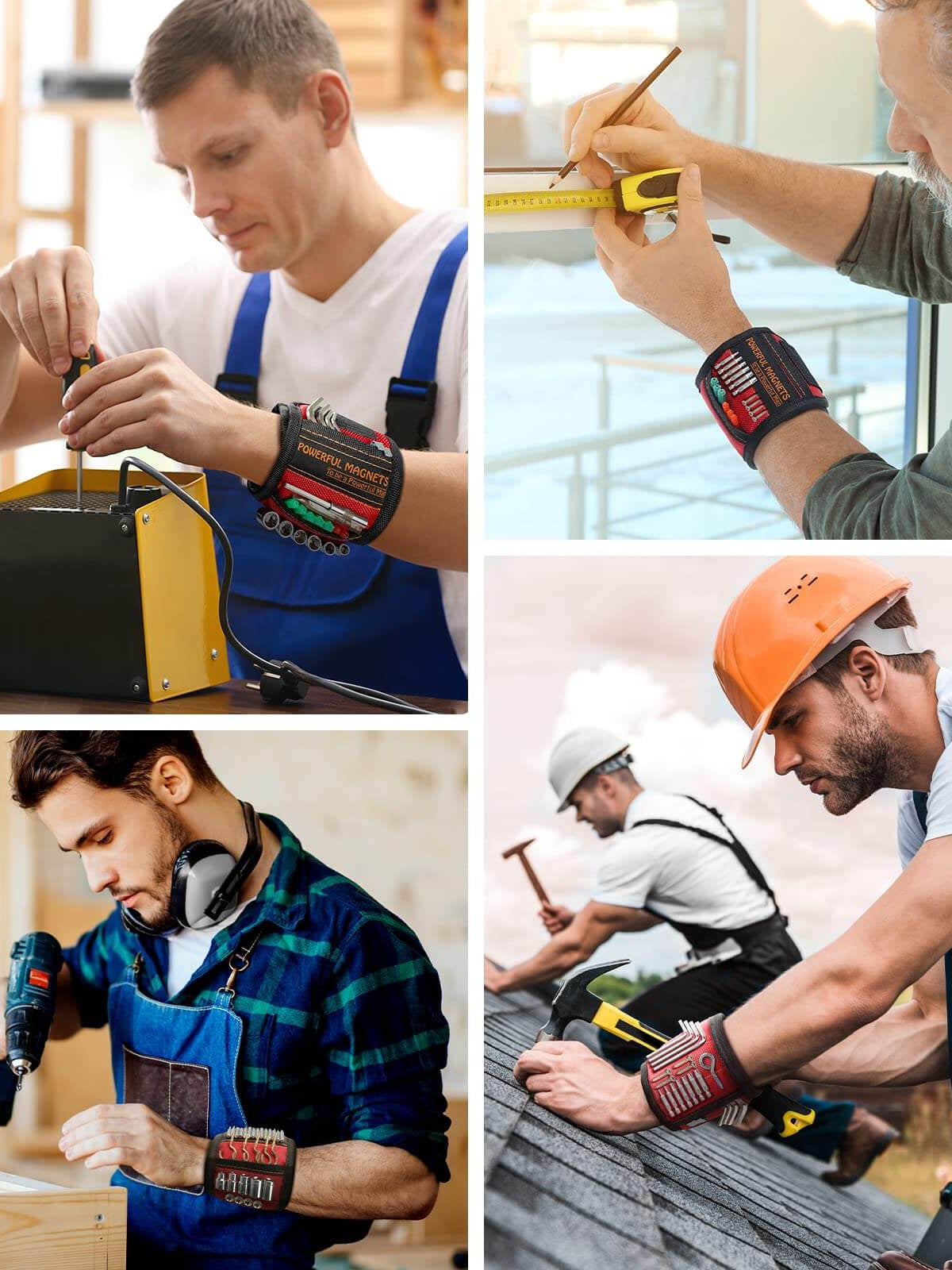 Four men using a magnetic wristband for tools, showcasing its practicality in various DIY projects and work settings.