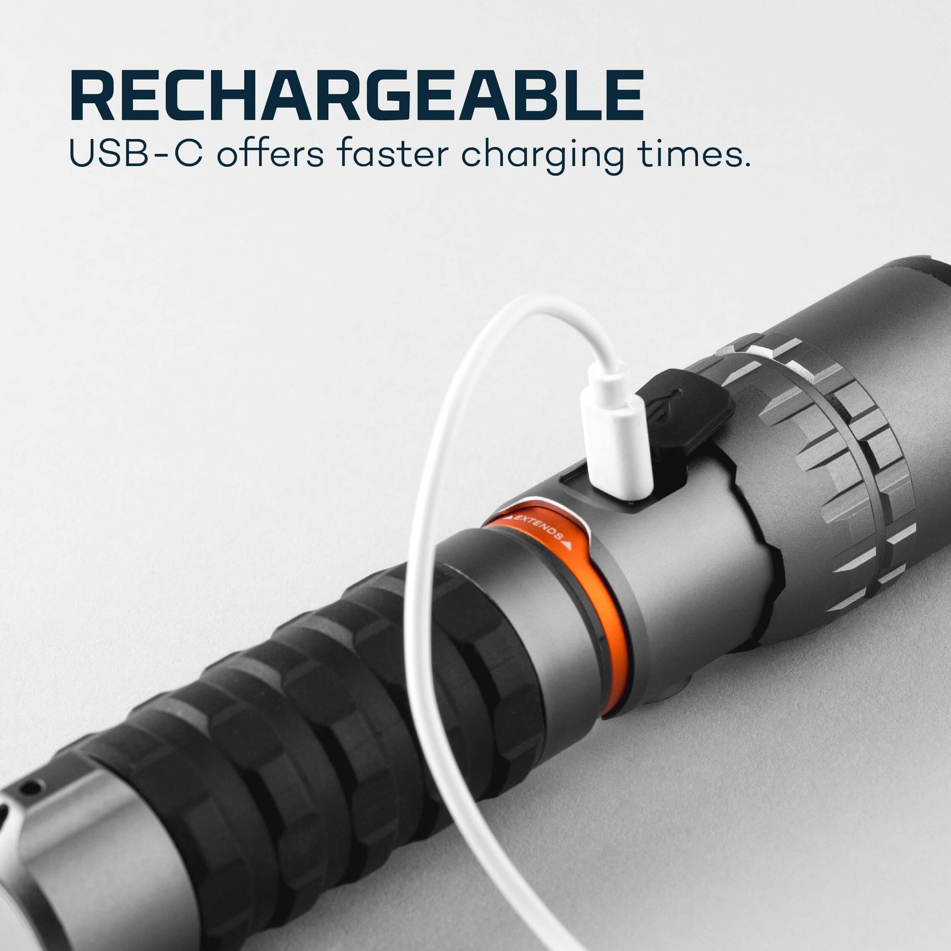 NEBO Slyde King Flashlight with USB-C port showing faster charging feature, designed for durability and performance.