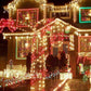 Brightly lit house decorated with colorful Christmas lights and festive decorations, creating a cheerful holiday atmosphere.