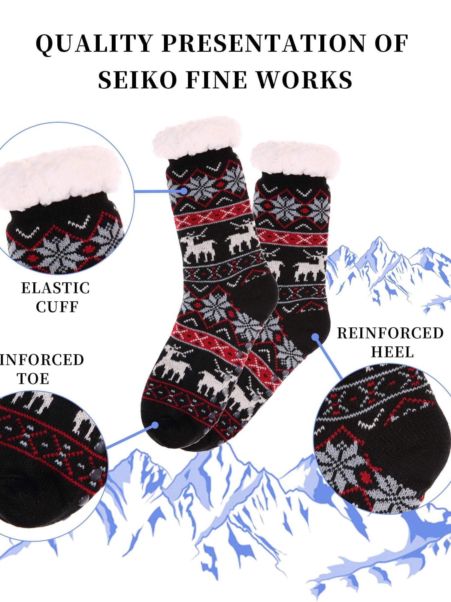 Black and red patterned socks with elastic cuff, reinforced toe, and heel showcased against a snowy mountain background.