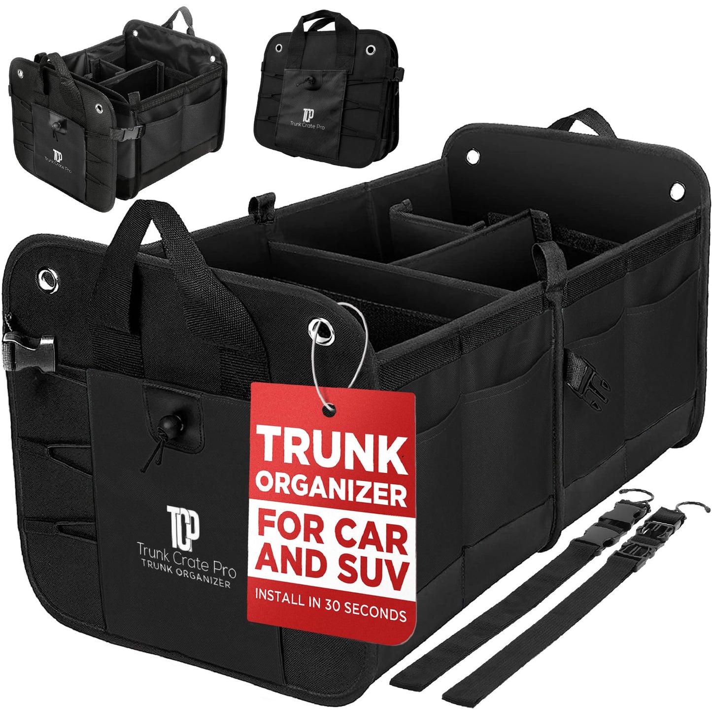 TRUNKCRATEPRO Trunk Organizer For Car, Suv, Truck | Premium Adjustable Multi Compartments Collapsible Car Trunk Organizer With Securing Straps & Non-Slip Bottom (Large Size, Black)