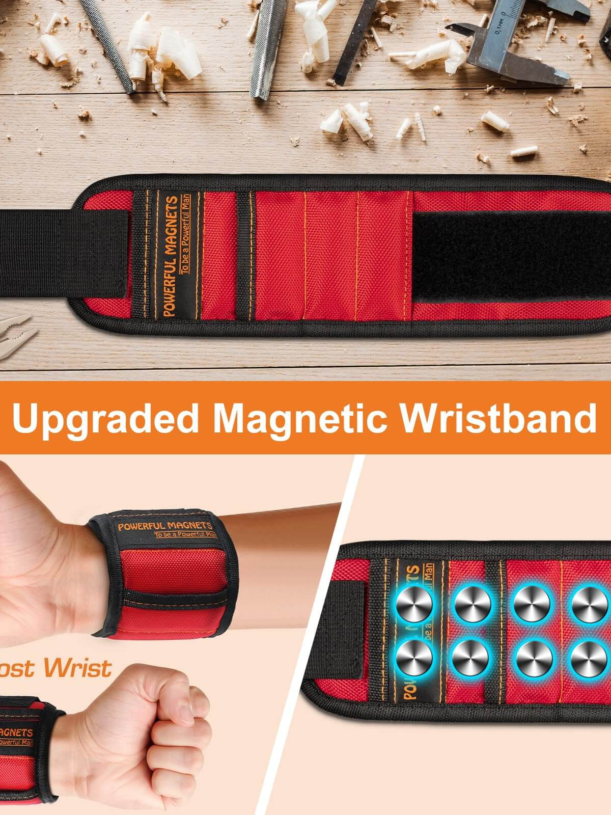 Upgraded red magnetic wristband with powerful magnets, designed to fit most wrists, ideal for holding screws and nails.