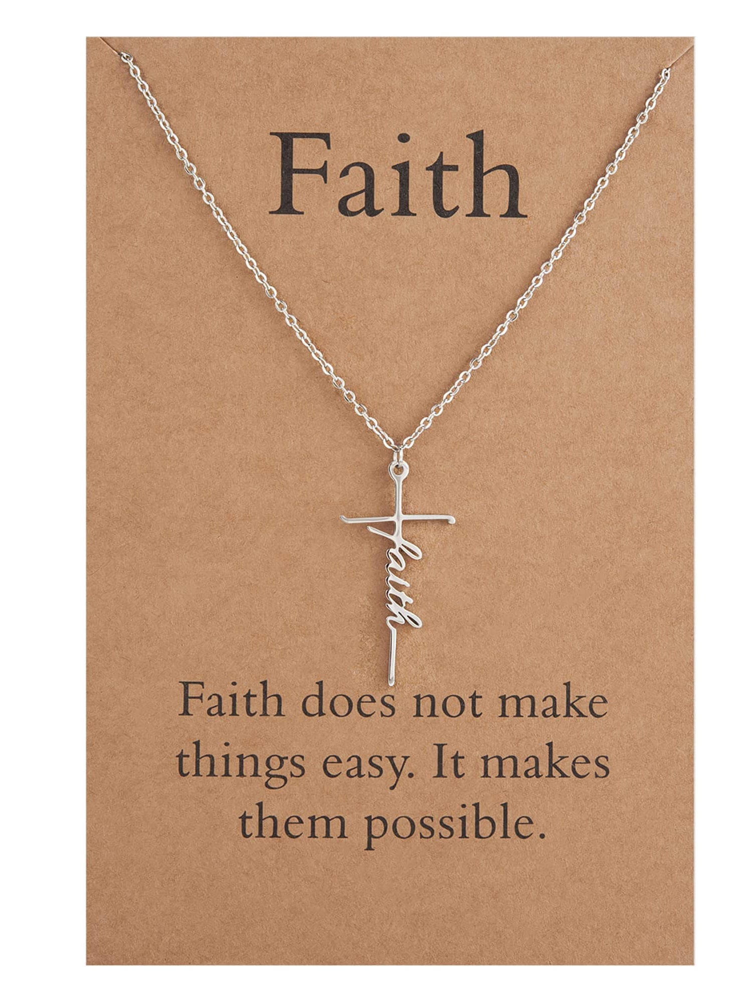 Lcherry Faith cross necklace for women on card, featuring the word "Faith" and an inspiring quote about faith.