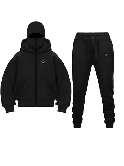 Unique Design Double Hooded Zip-Up Sweatshirt Set for Men and Women in black with star detail.