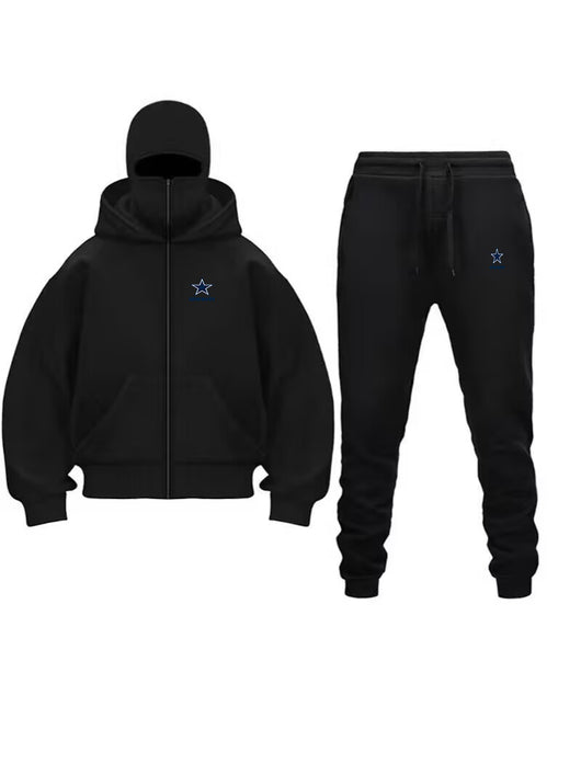 Unique Design Double Hooded Zip-Up Sweatshirt Set for Men and Women in black with star detail.